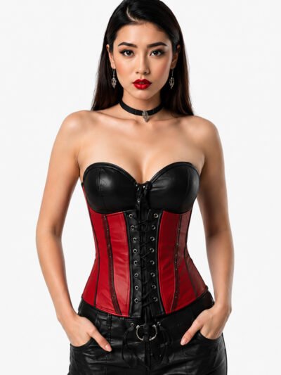 Black Red Sheepskin Leather Corset Top, Bustier Waist Cincher for Women