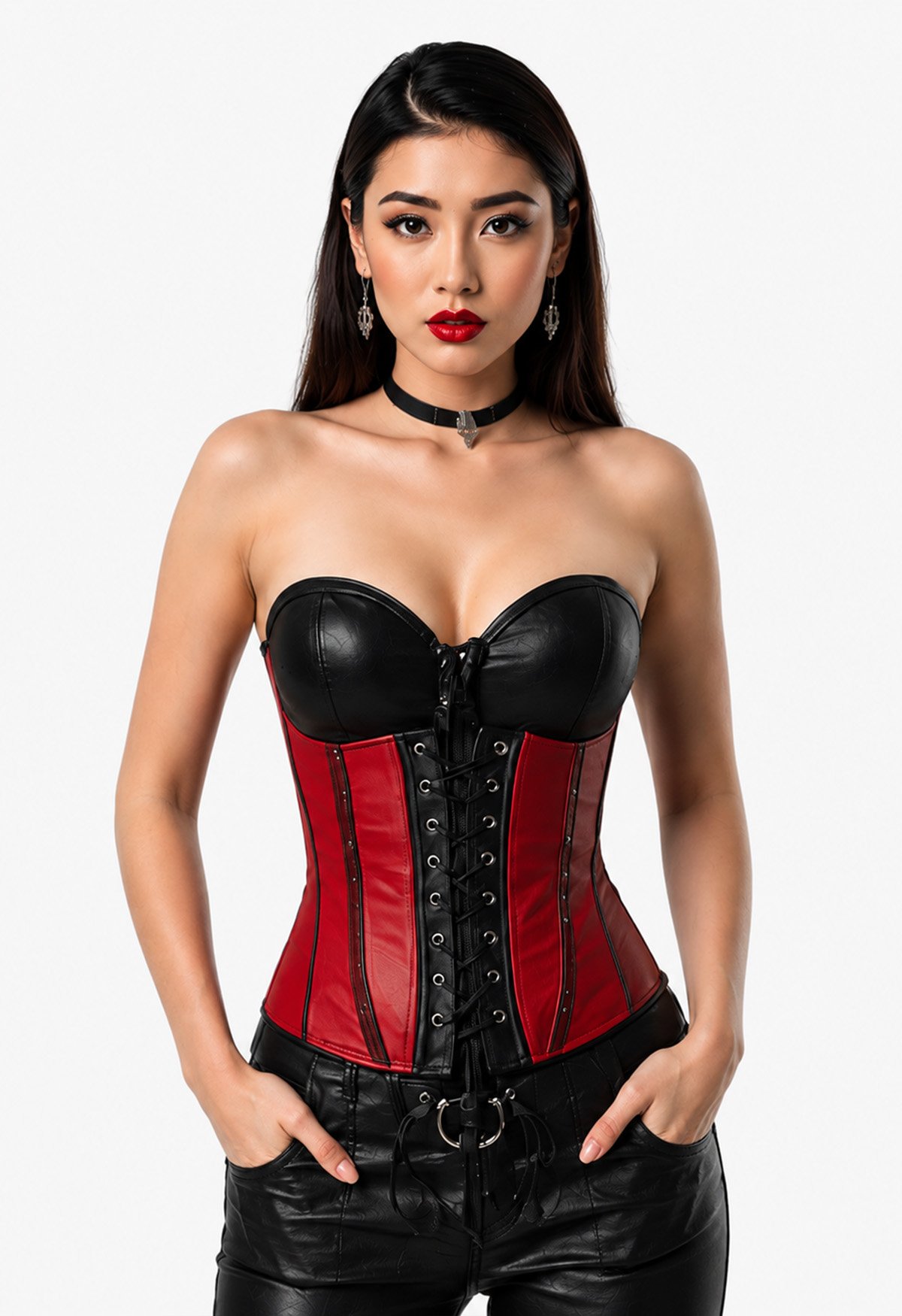 Black Red Sheepskin Leather Corset Top, Bustier Waist Cincher for Women