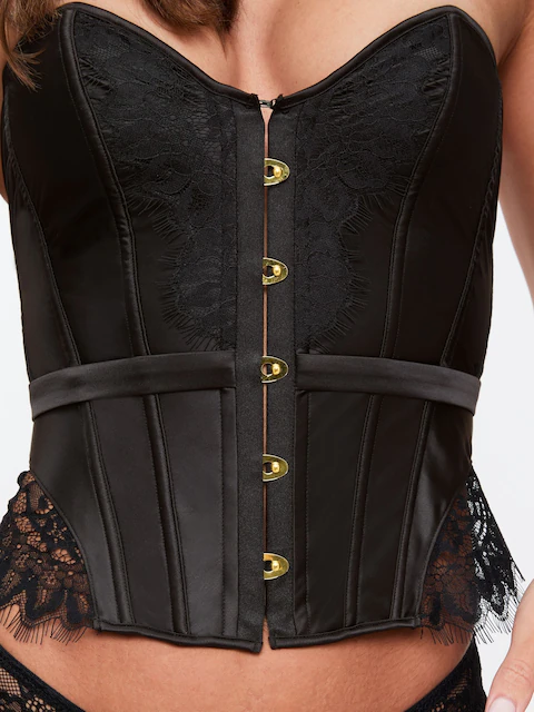 Zhitunemi Women's Bustier Corset Top Sexy Lingerie Sets Black Satin Waist Cincher - Image 4