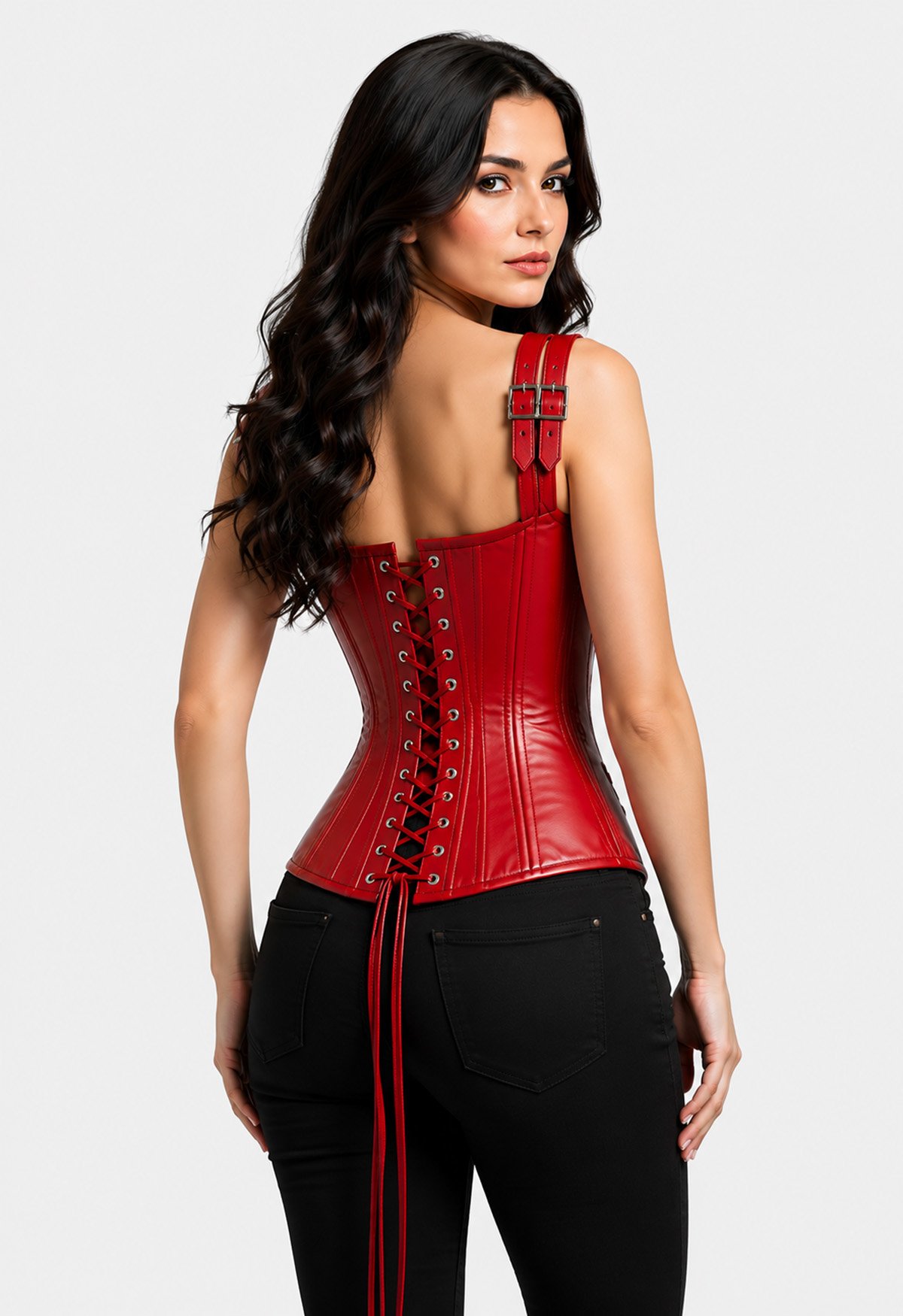 Red Gothic genuine sheepskin Leather Corset Shoulder Straps Waist Trainer Bustier Top - Image 2