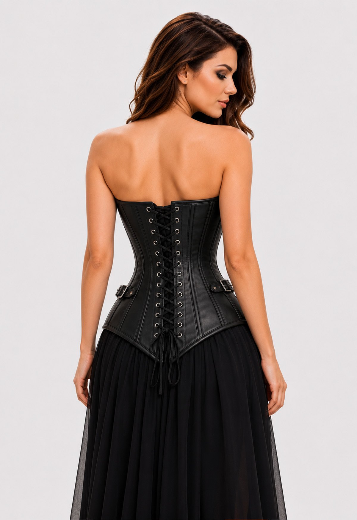 Black Leather Overbust Corset, Gothic Waist Trainer, Lace Up Bustier Top - Image 2
